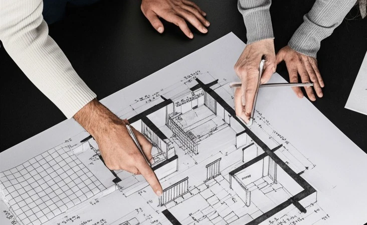 Two people studying a floor plan
